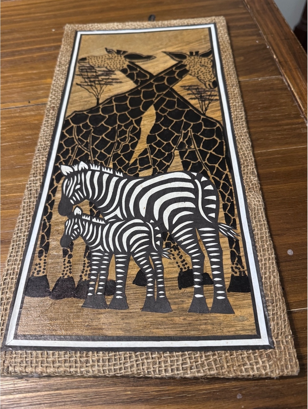 Kenyan African Folk Art Giraffe Zebra Wildlife Wall Hanging Burlap Frame 16”